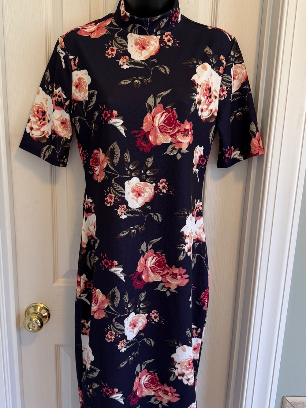 SHEIN Floral Mock-Neck Midi Dress in Navy and Rose